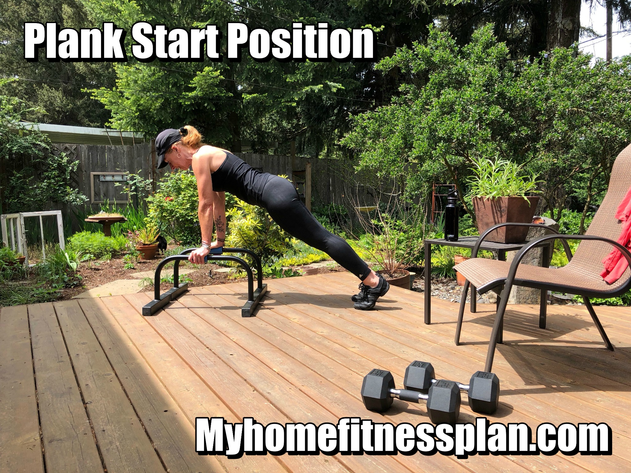 Plank Start, works shoulders, core (abdominals) and triceps.